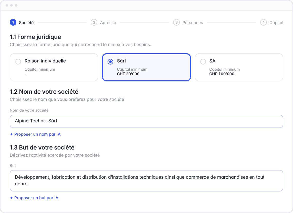 Assistant de création Hoop : choisir la forme juridique, saisir la raison sociale et le but – étape 1 de la création en ligne