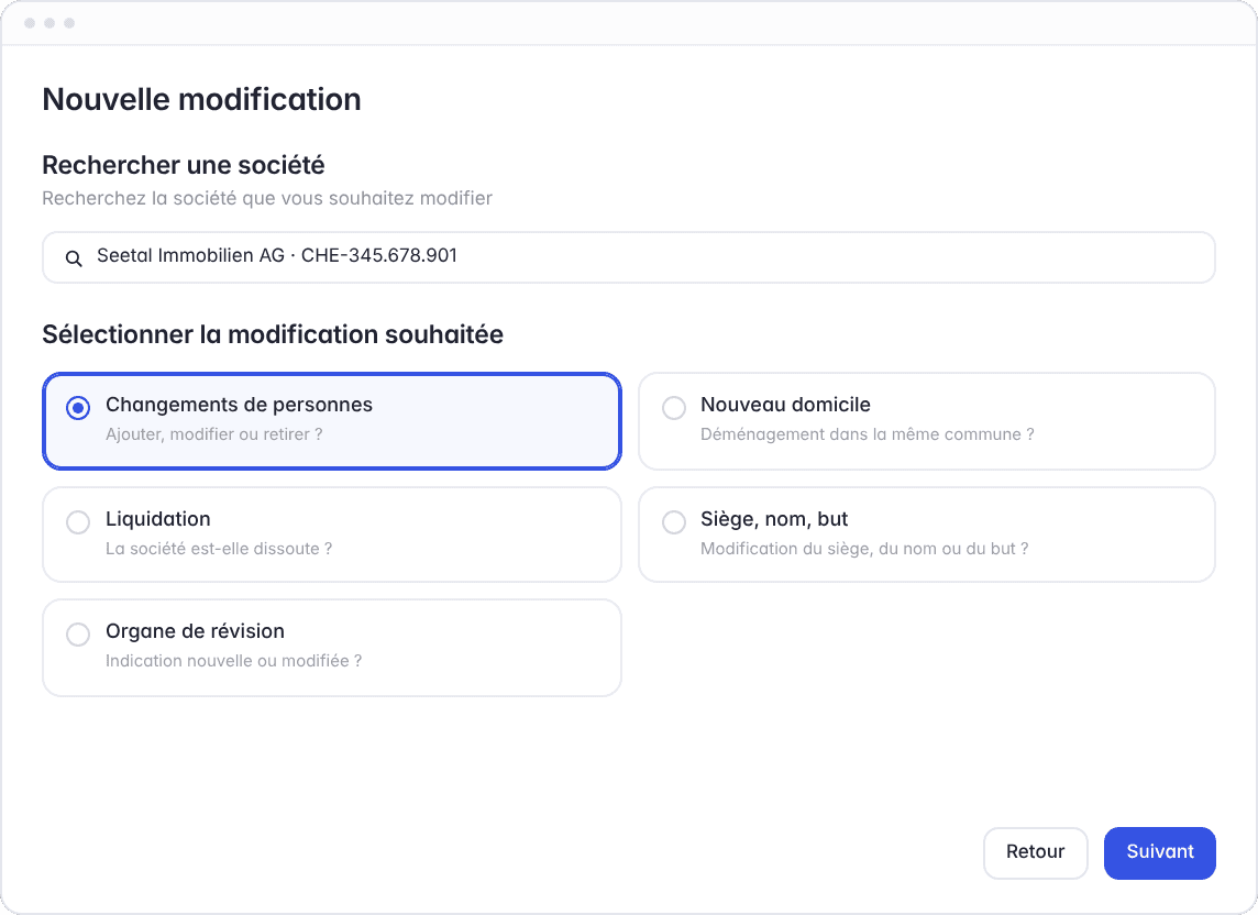 Hoop : nouvelle modification – rechercher la société et choisir le changement souhaité, p. ex. personnes, siège ou but