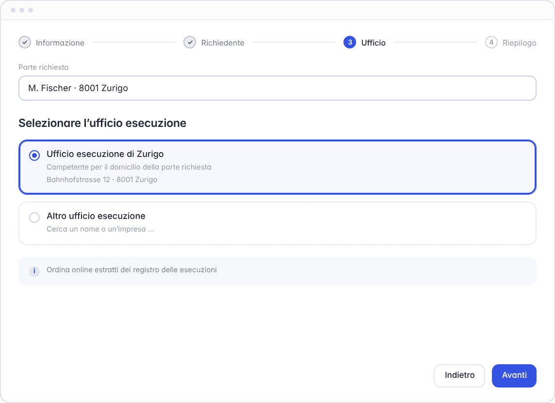 Ordinare un estratto delle esecuzioni con Hoop: quattro fasi, dal tipo di estratto all'ufficio d'esecuzione competente
