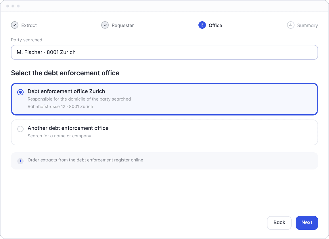 Ordering a debt enforcement extract with Hoop: four steps from the type of extract to the competent enforcement office