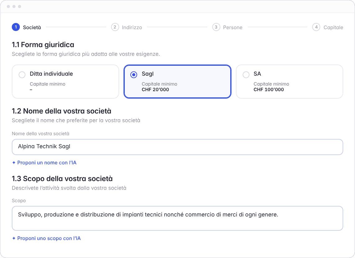 Assistente di costituzione Hoop: scegliere la forma giuridica, inserire ragione sociale e scopo – fase 1 della costituzione online