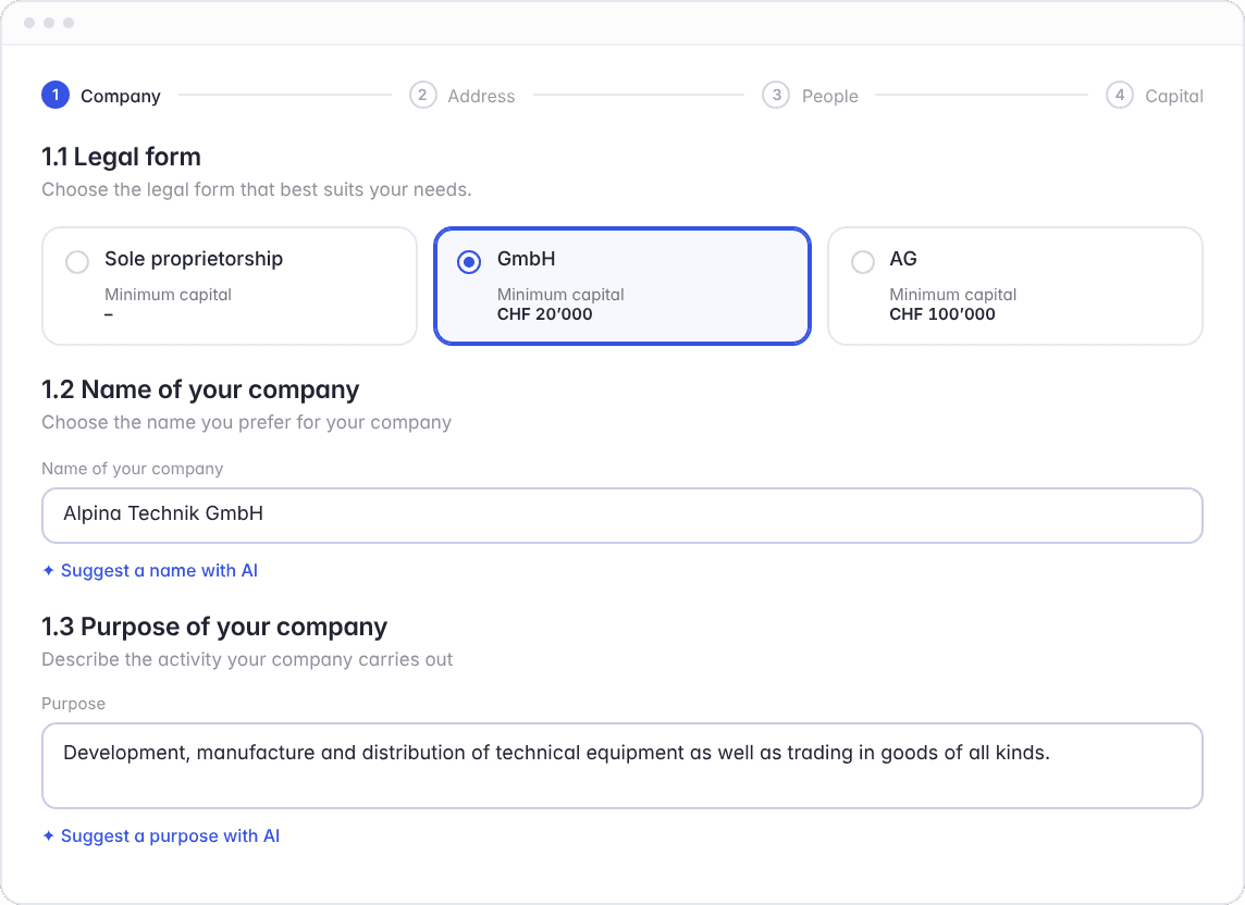 Hoop incorporation wizard: choose the legal form, enter company name and purpose – step 1 of the online incorporation